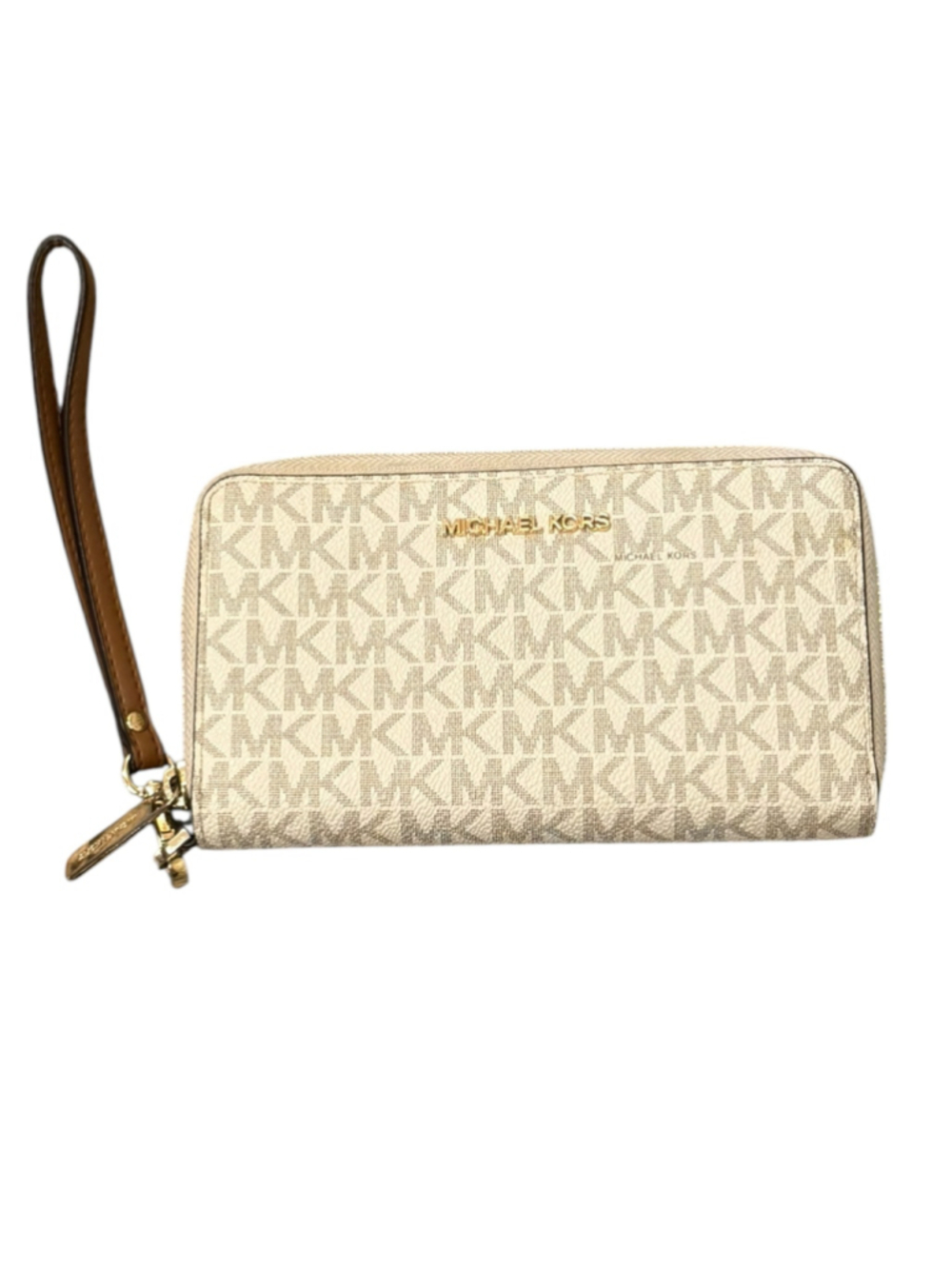 Women's Michael Kors Jet Set Logo Print Wristlet Wallet Clutch in Beige & Brown